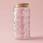 Pink Bows Glass Mug with Wooden Lid and Glass Straw