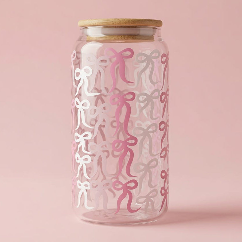 Pink Bows Glass Mug with Wooden Lid and Glass Straw