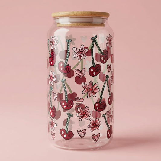 Red Cherry Glass Mug with Wooden Lid and Glass Straw