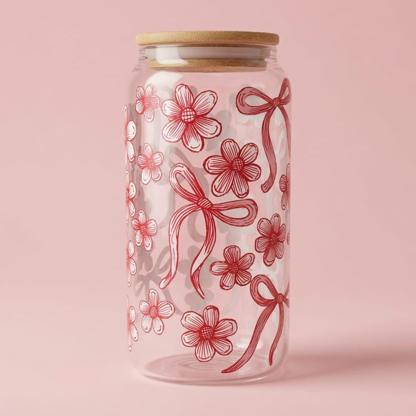 Flowers Glass Mug with Wooden Lid and Glass Straw