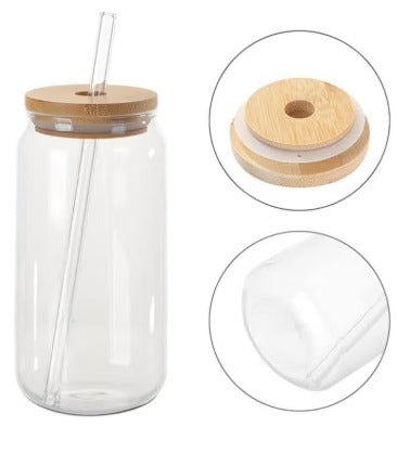 Pink Bows Glass Mug with Wooden Lid and Glass Straw